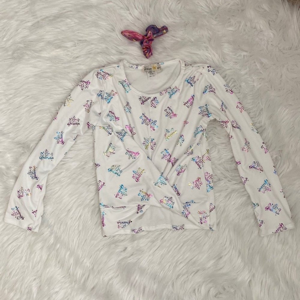 Dream Girl Long Sleeve Cropped Unicorn Shirt with Matching Ponytail, Size 10/12.